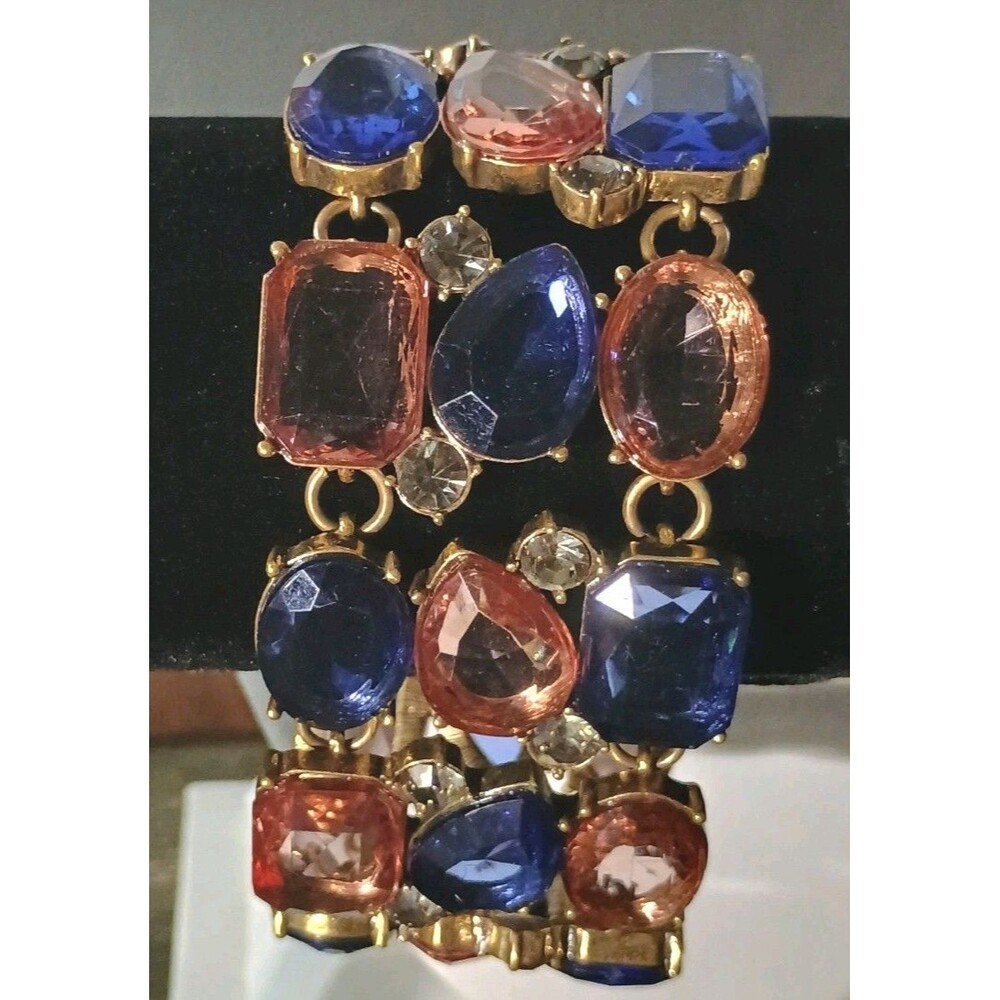Graziano Blue Pink Clear Rhinestone Gold Tone Vintage Adjustable Bracelet - Picture 2 of 8